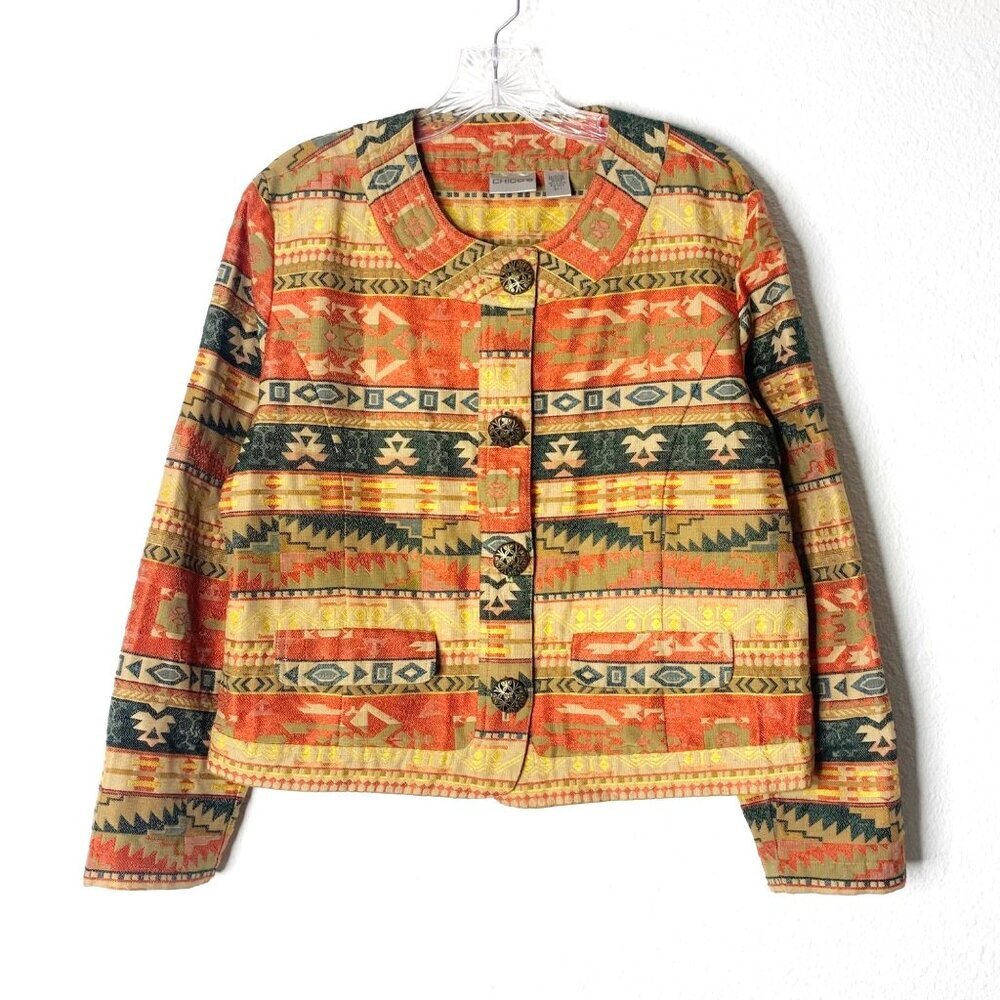 Chicos Womens Size 1 Aztec Print Jacket Silk Blend Long Sleeve Jacket Round Neck